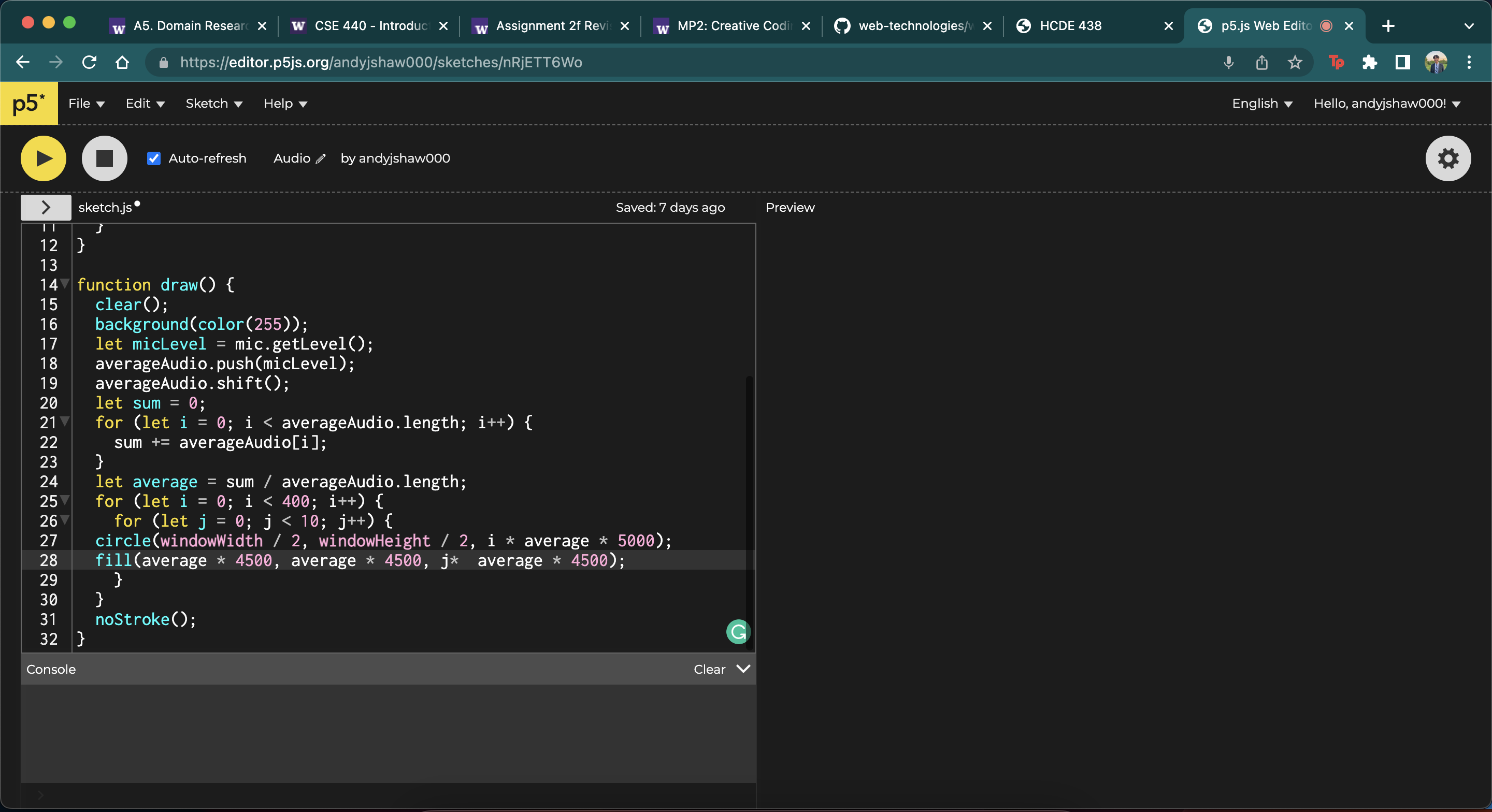 p5 web editor with my unfinished code